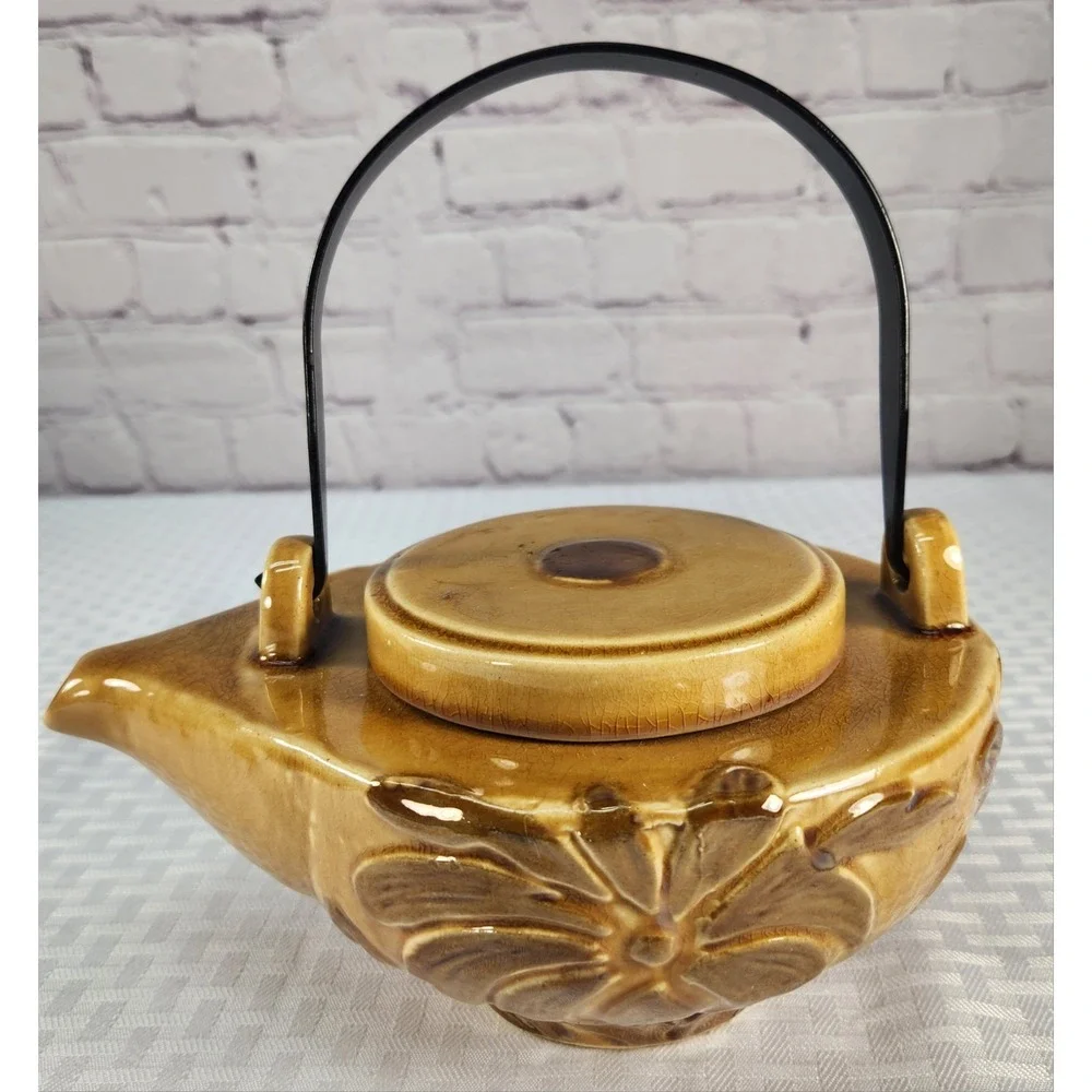Teapot Bombay Co Stoneware Asian Style Brown With Metal Handle